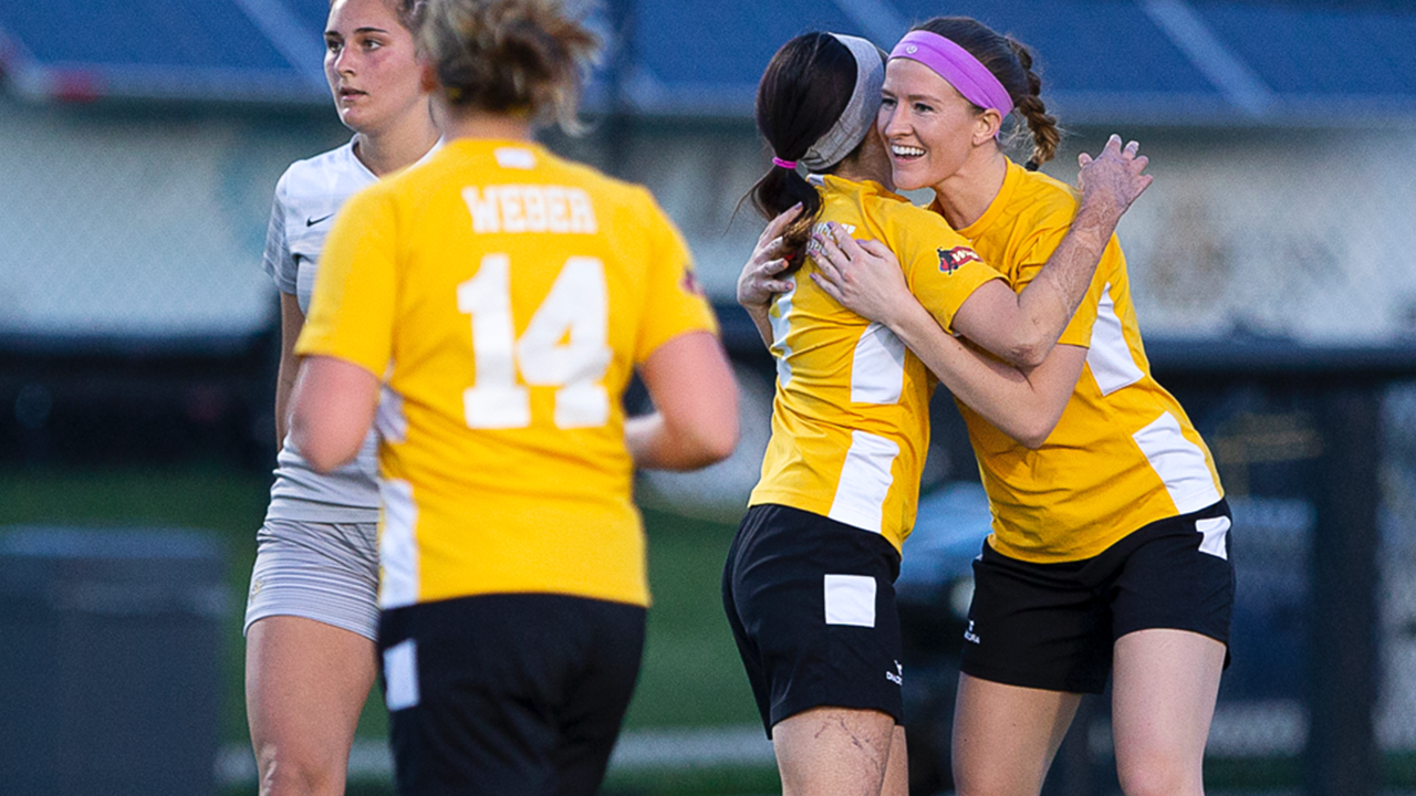 Rachel MacLeod and Lisa Nouanesengsy celebrate MacLeod's second-half goal against Ohio Dominican University | Daniel Herlensky