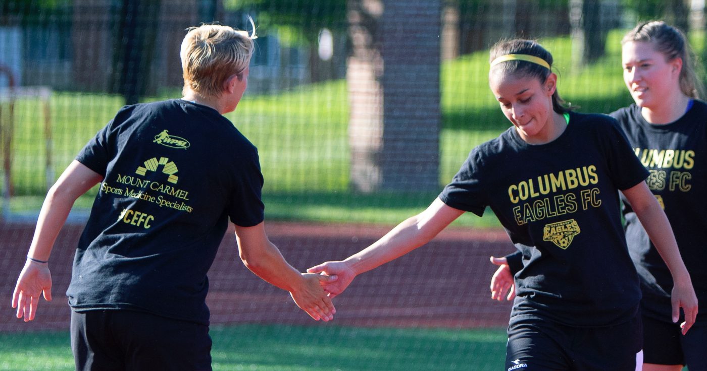 Lila Remache and Dani Gunderson during warmups for the Eagles' match against Motor City FC on June 3 | Daniel Herlensky