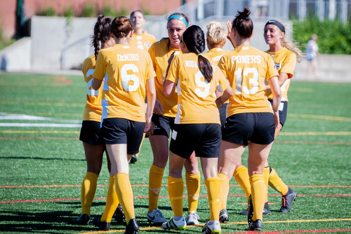 The Eagles celebrate Samantha Damante's goal on July 8 in Pittsburgh | Ralph Schudel