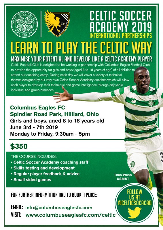 The Eagles and Celtic FC are holding a youth soccer camp from June 3-7, 2019 at Spindler Road Park in Hilliard, Ohio.