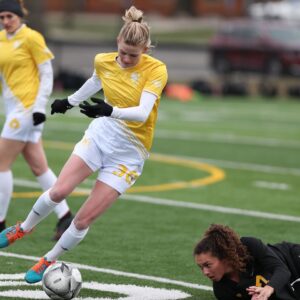 Eagles' forward Natalie Horner dribbles around a defender in the club's match against Ohio Dominican University on March 31, 2019 | Ken Tishenkel