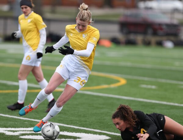 Eagles' forward Natalie Horner dribbles around a defender in the club's match against Ohio Dominican University on March 31, 2019 | Ken Tishenkel