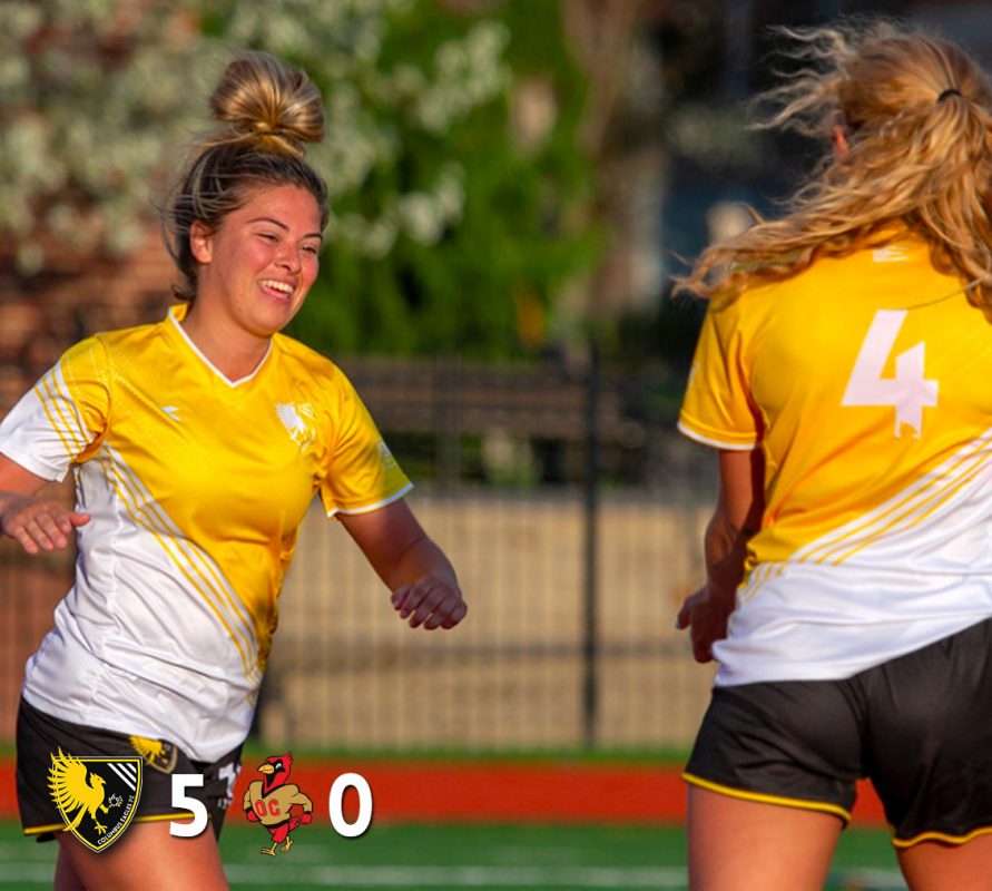 Brooklyn Pritt (left) celebrates her first goal against Otterbein University on April 14, 2019. The Eagles won 5-0. | Daniel Herlensky