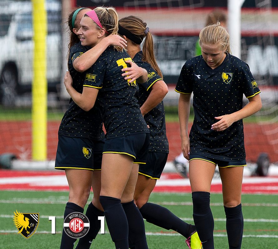 Madison Costner (center) celebrates her goal against Motor City FC on June 16, 2019. | Daniel Herlensky