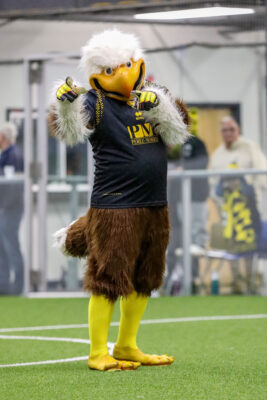 Columbus Eagles mascot points during soccer game
