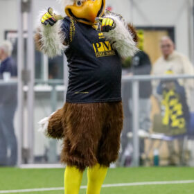 Columbus Eagles mascot points during soccer game
